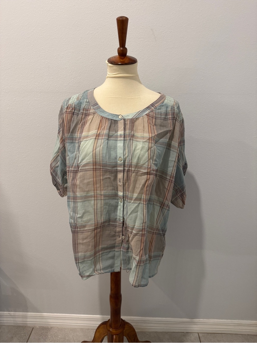 Lucky Brand Mint and Beige Plaid Button-Down Top